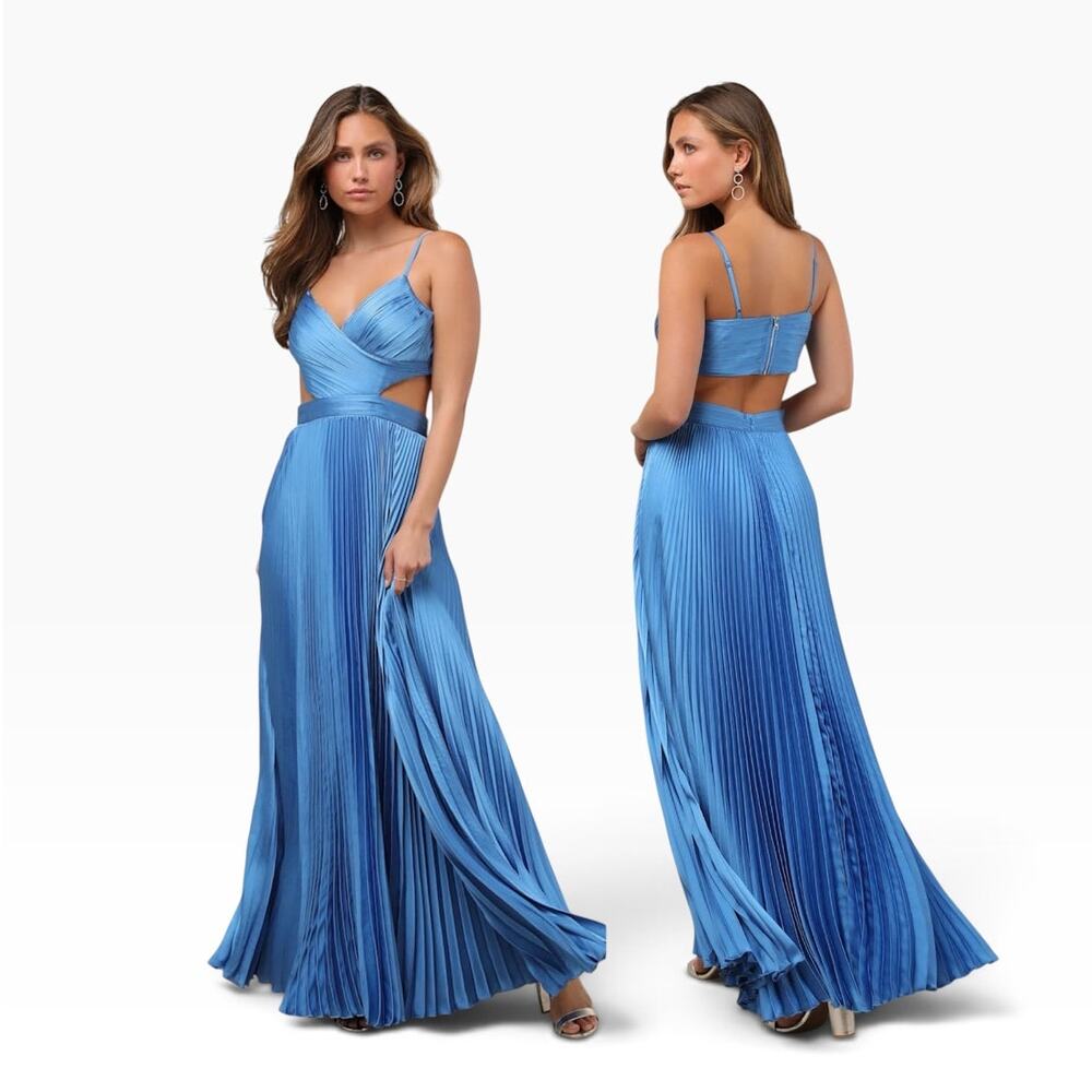 Lulus Got the Glam Blue Pleated Cutout Maxi Dress size Small NWT